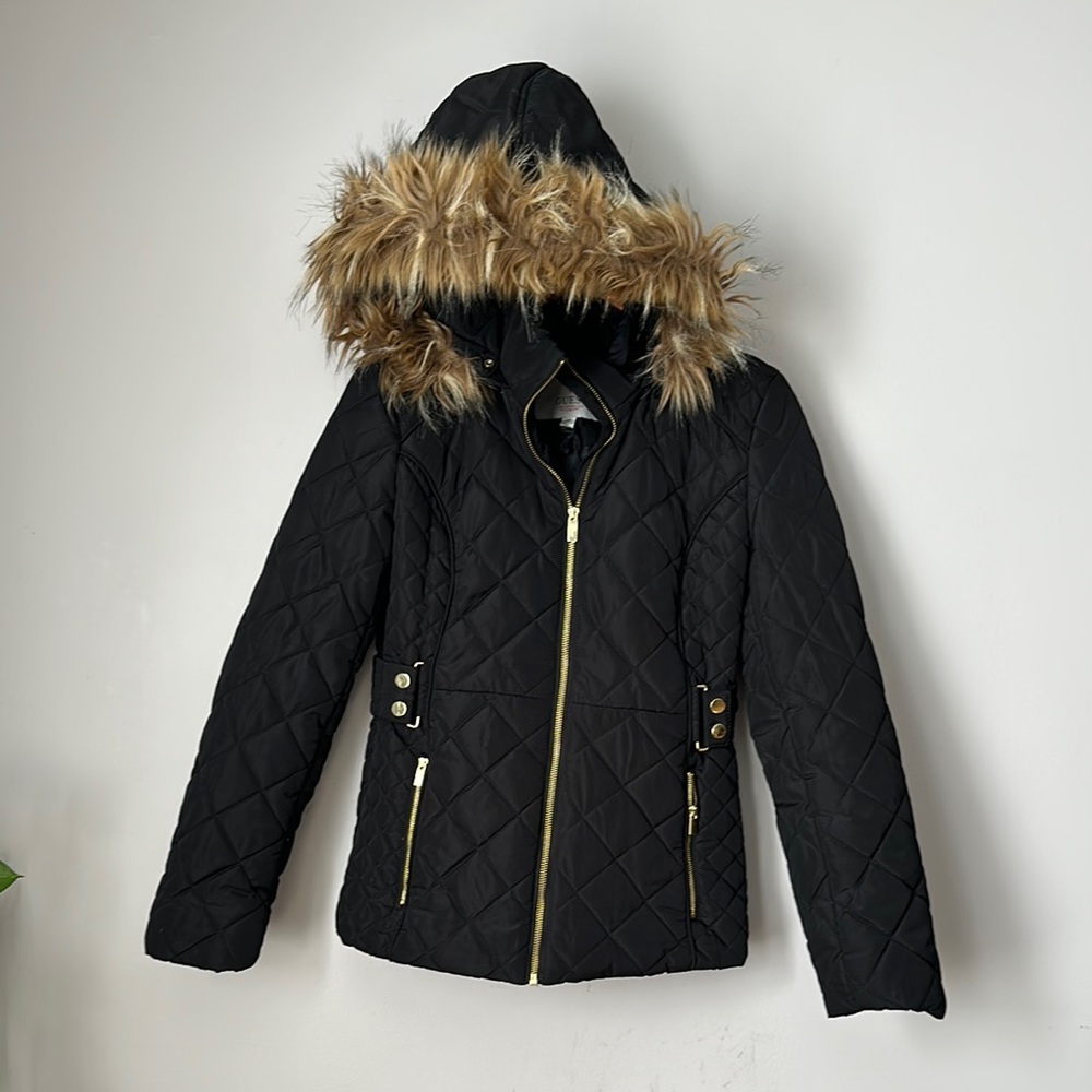 Guess Black Quilted Jacket with Faux Fur Hood Gold size S